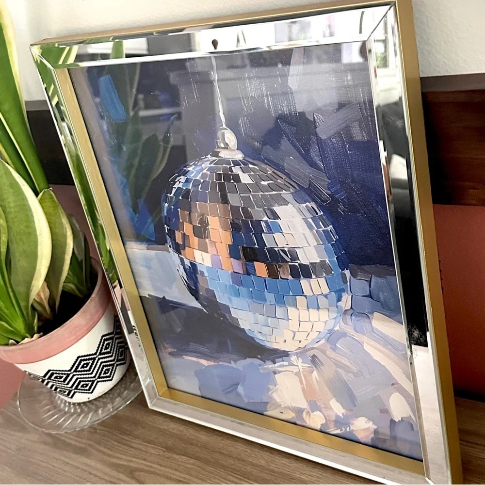 Disco Ball Mirrored & Gold Framed Mirror Ball Canvas Wall Art Print Mikasa Party